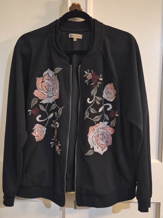 Democracy Jackets & Blazers - Democracy Black Bomber Jacket with Pink & Cream Rose Embroidery
